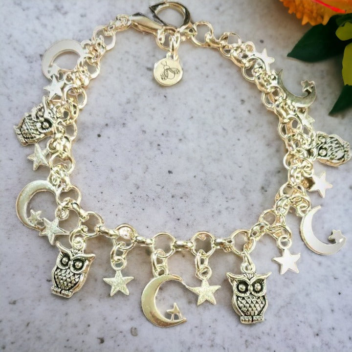 Celestial Crescent Moon and Owl charm bracelet