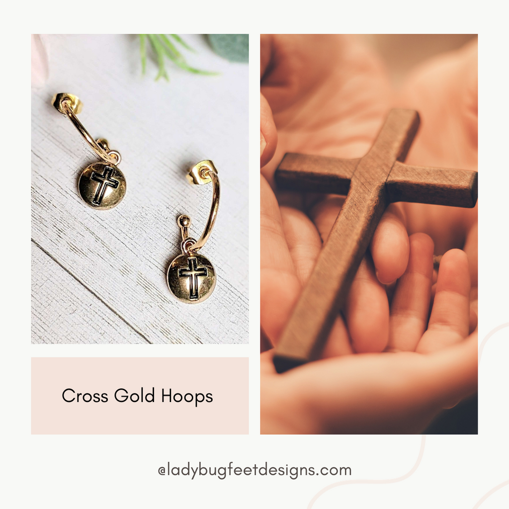 Cross Gold Hoop earrings, Hoop Drop