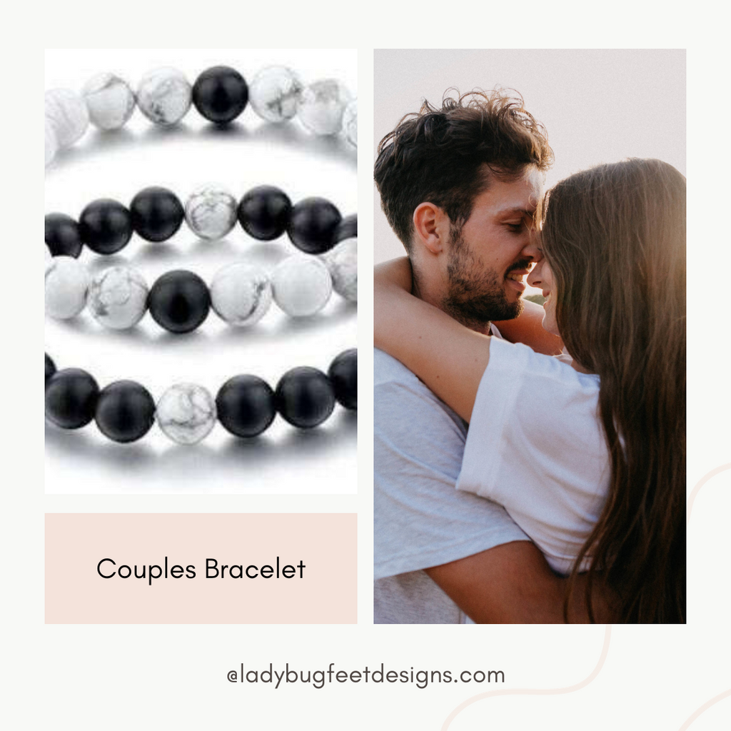 White Howlite and Black Wood Bead Couple's Bracelet, Distance Bracelets SET, Unisex