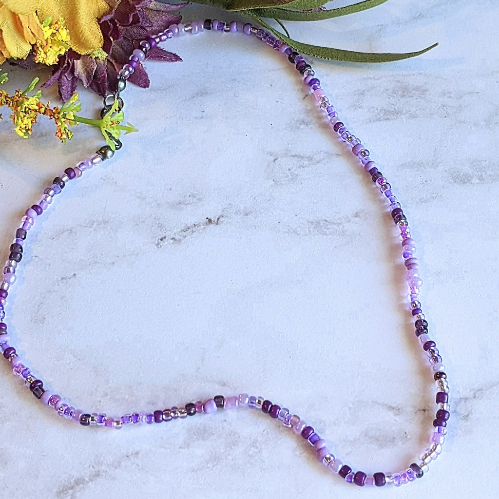 Purple Beaded Choker Necklace - 16 inch