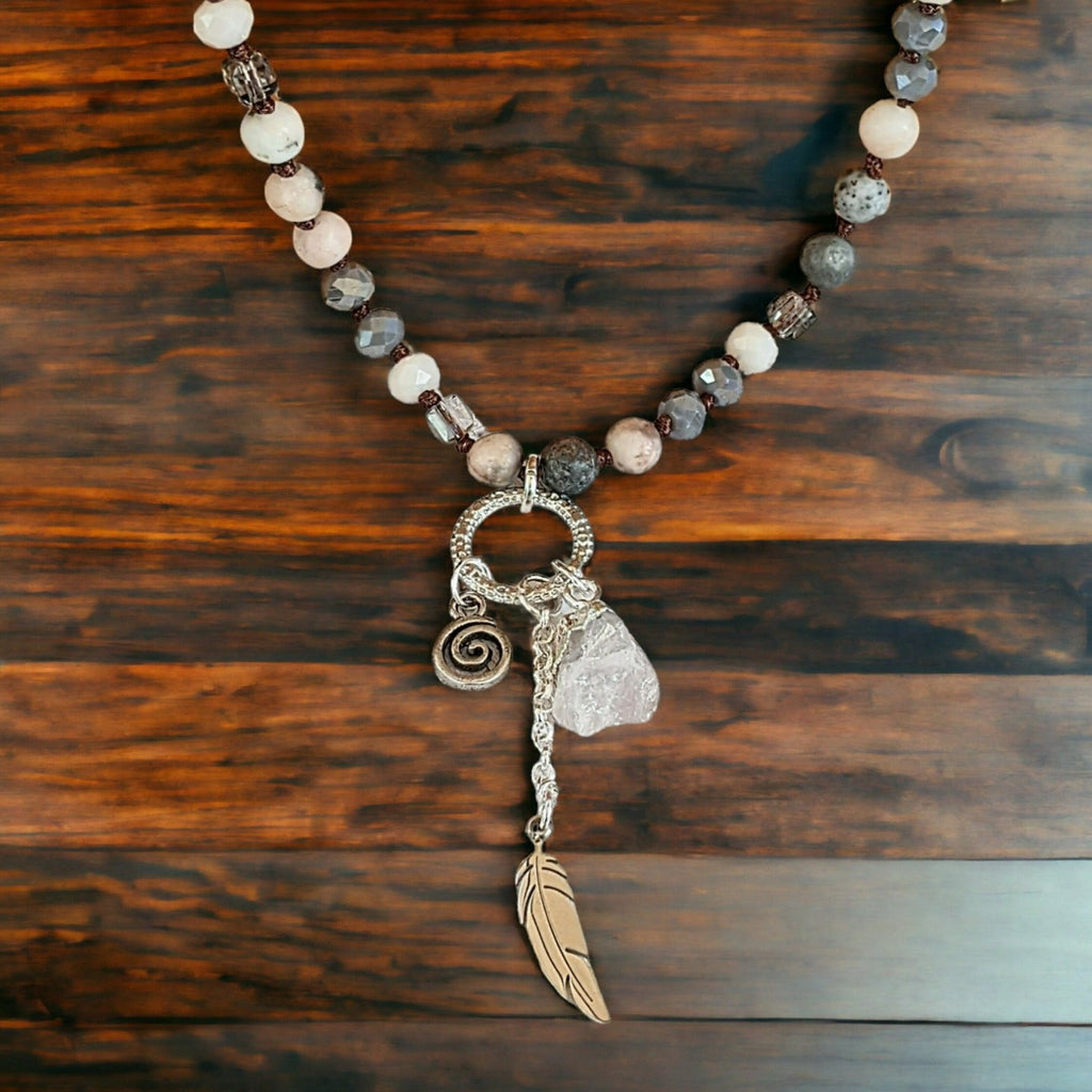 Feather & Rose Semi-Precious Gemstone Necklace - 36 inch