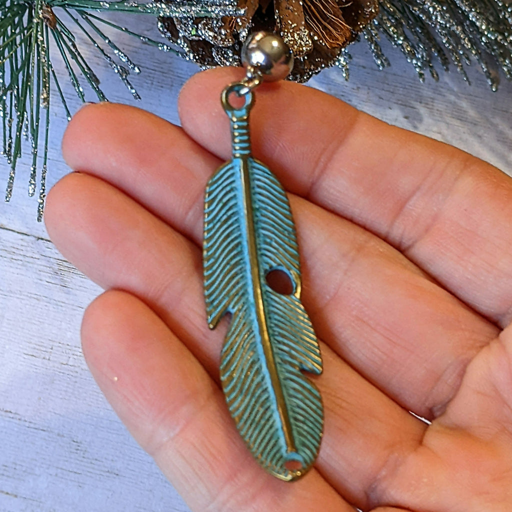 Blue Patina Curved Feather Pendant