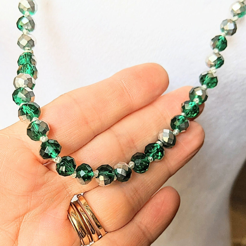 Festive Silver Green Crystal Knotted Necklace -36 inch