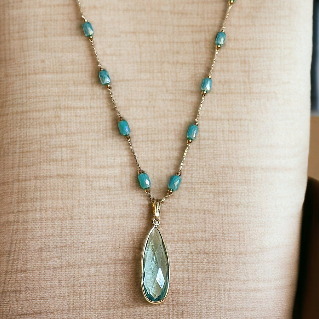Aqua Gemstone Drop Crystal Bead Necklace, 20 inch
