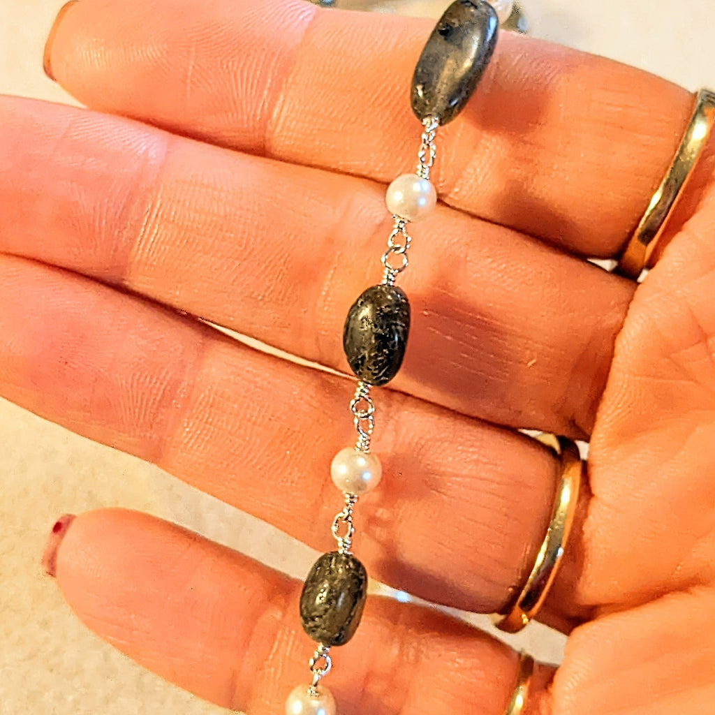 Labradorite Oval Bead and Pearl Necklace, 20 inch