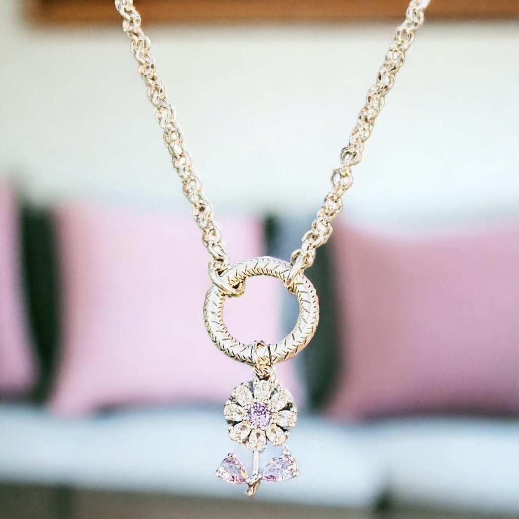 CZ Purple Flower charm necklace - 18-24 inch