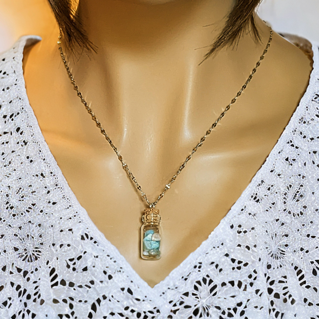 Aquamarine Gemstone Pisces Bottle Necklace, 20 or 24 inch, Silver/Gold