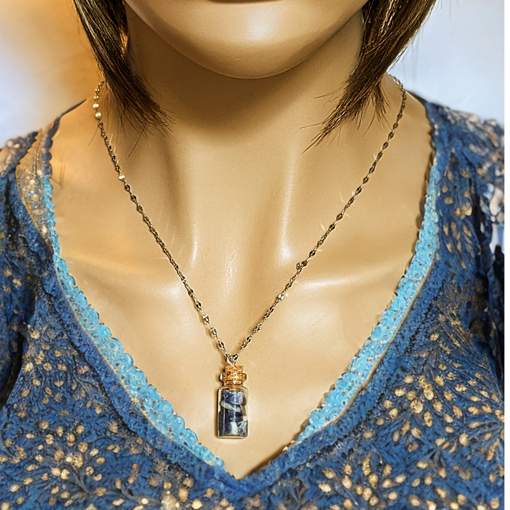 Sodalite Gemstone Bottle Necklace, 20 or 24 inch, Silver/Gold