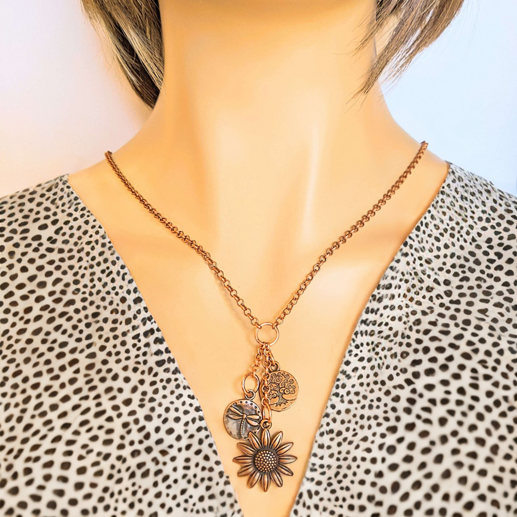 Sunflower Copper Charm Keeper Necklace, 18-24 inch