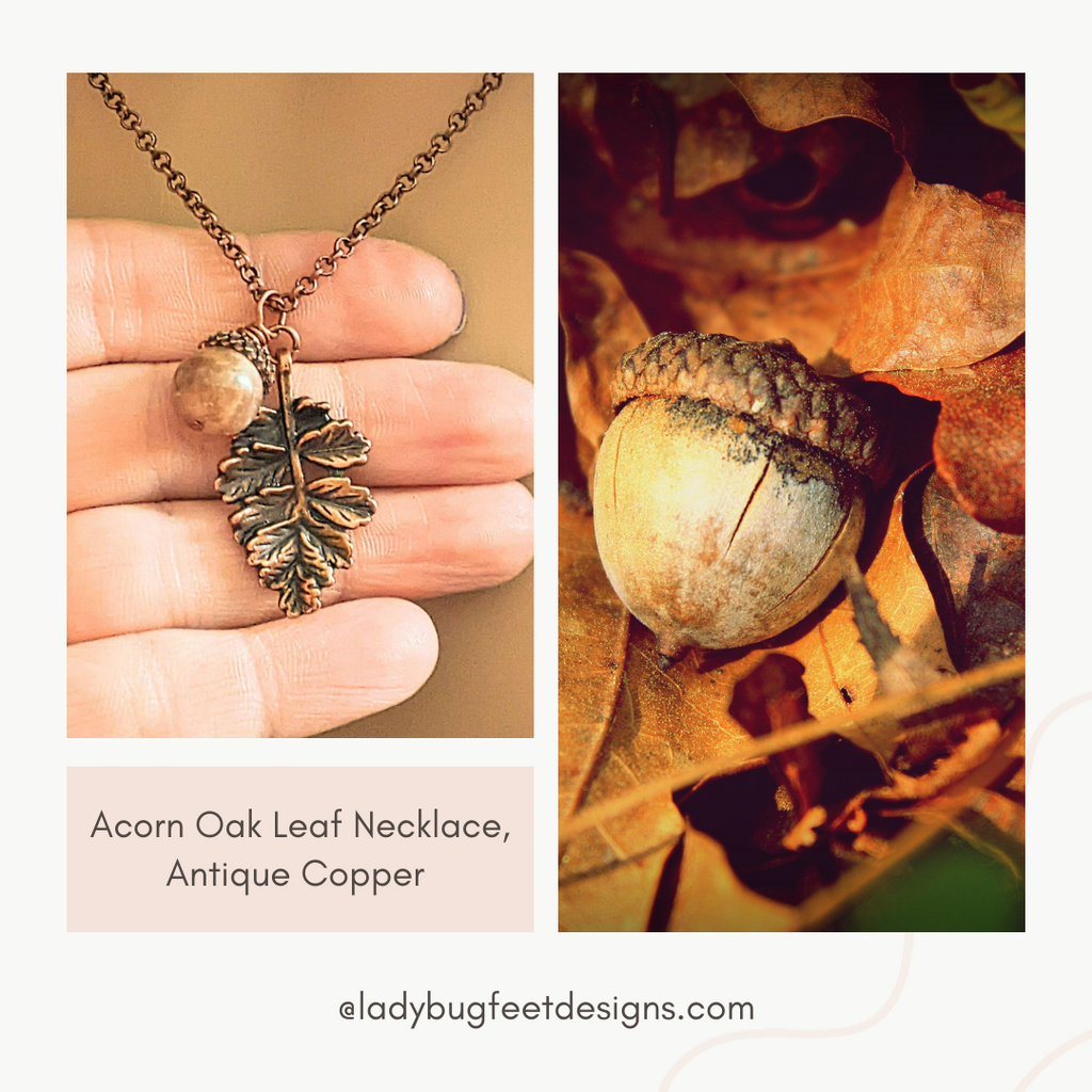 Acorn Oak Leaf Necklace, Antique Copper
