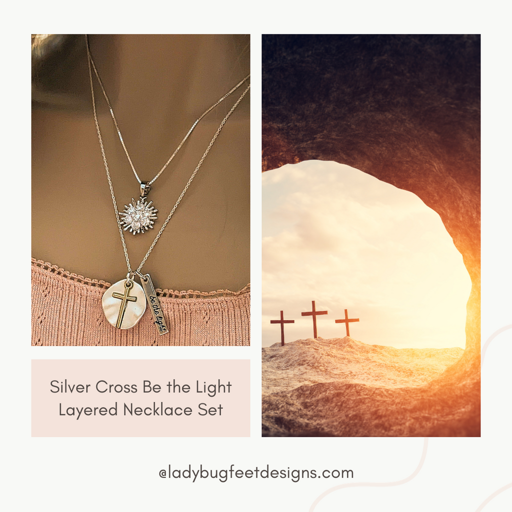 Silver Cross Be the Light Layered Necklace Set