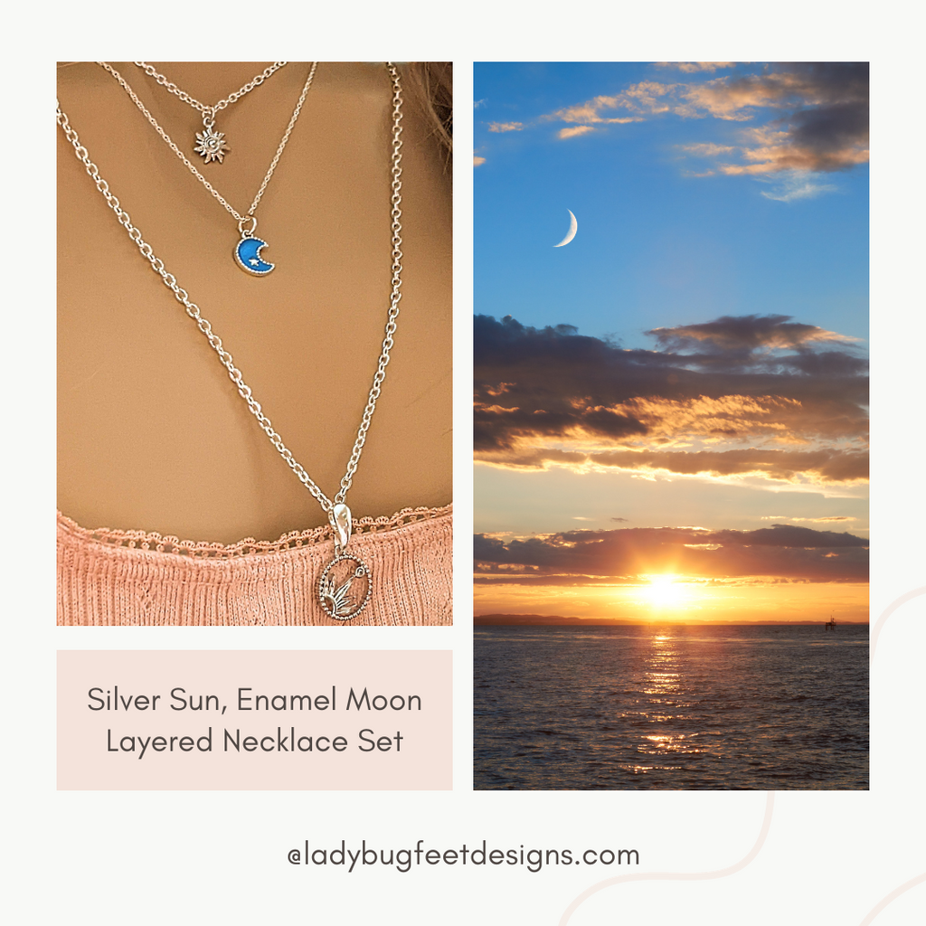 Silver Sun, Enamel Moon Layered Necklace Set