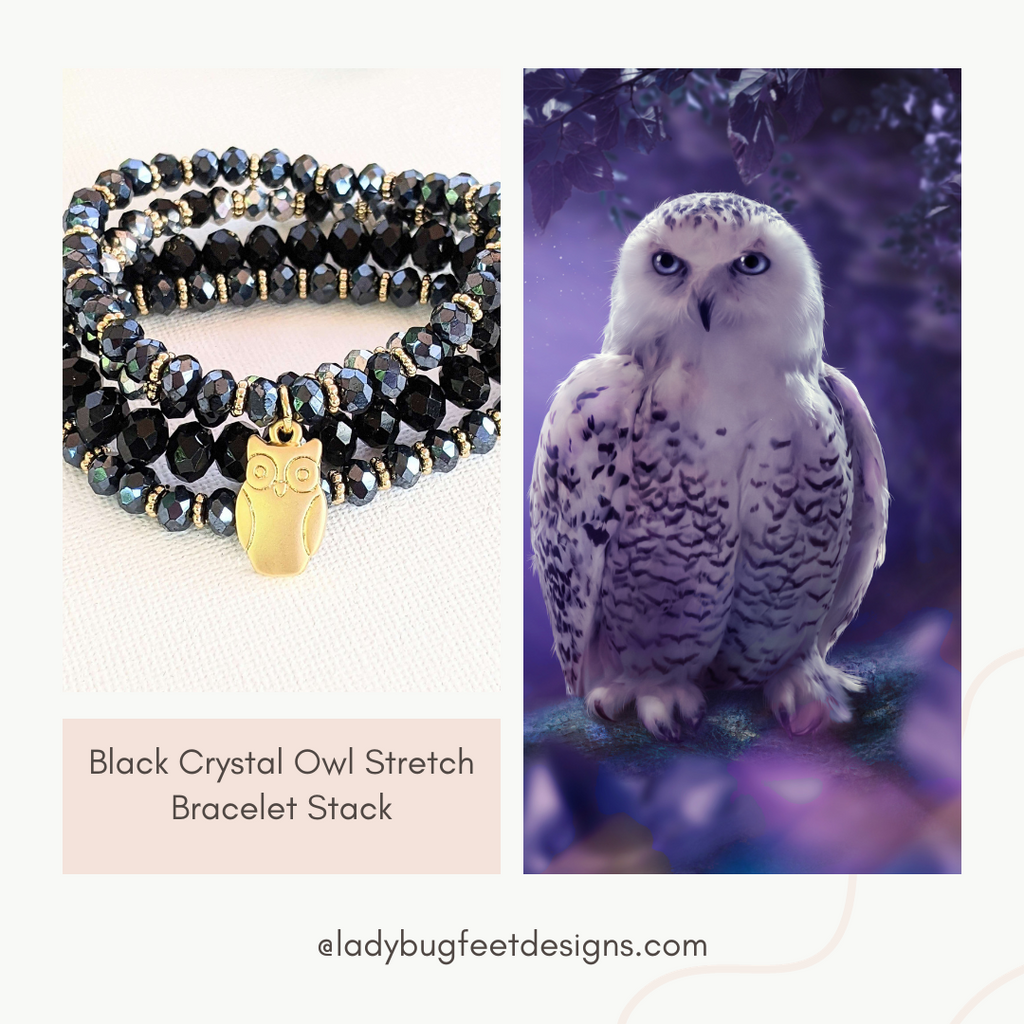 Black Crystal Owl Stretch Bracelet Stack