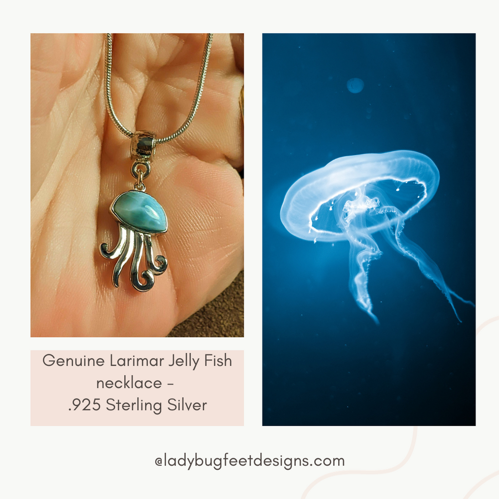 Genuine Larimar Jelly Fish necklace - .925 Sterling Silver - 24 inch