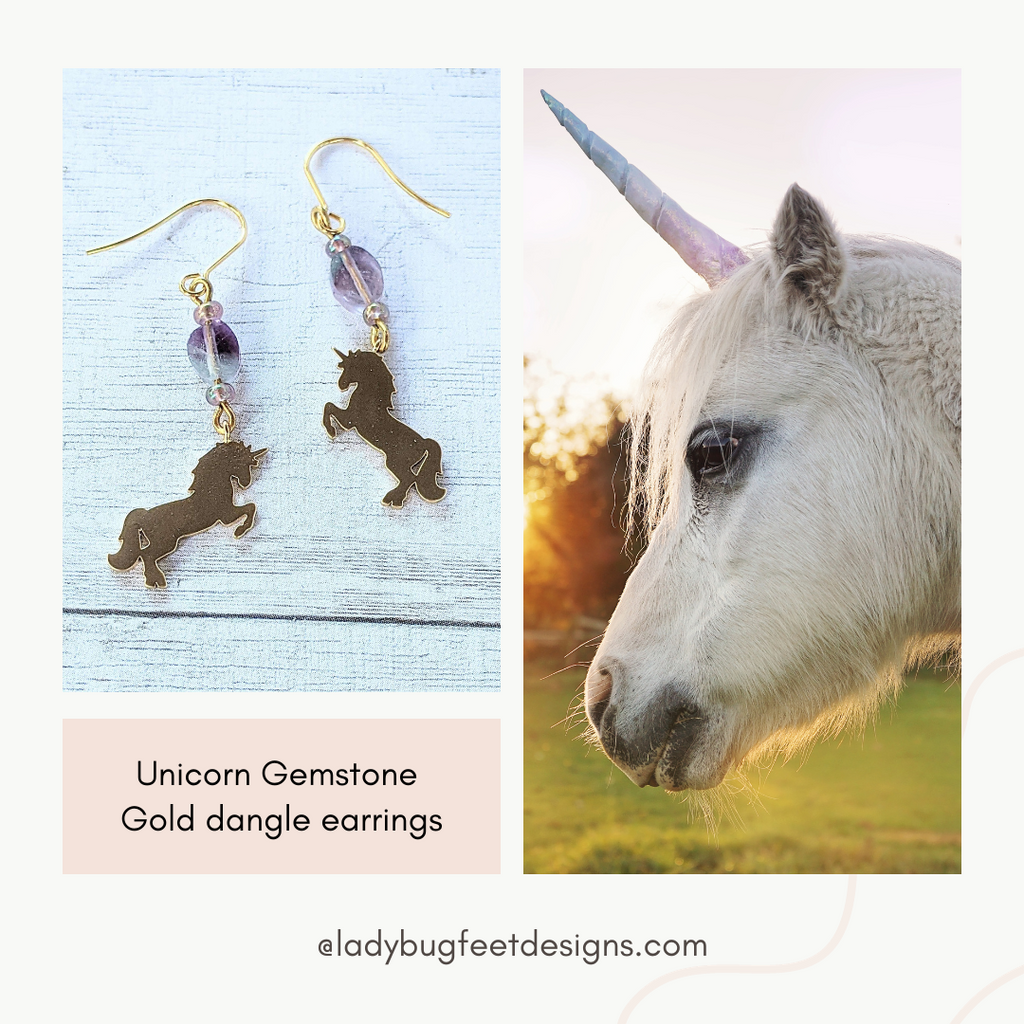 Unicorn Gemstone Gold dangle earrings