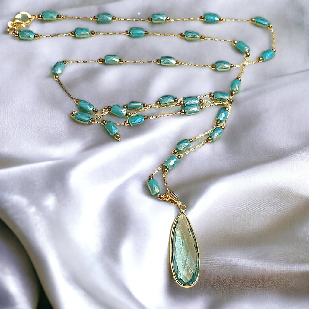 Aqua Gemstone Drop Crystal Bead Necklace, 20 inch