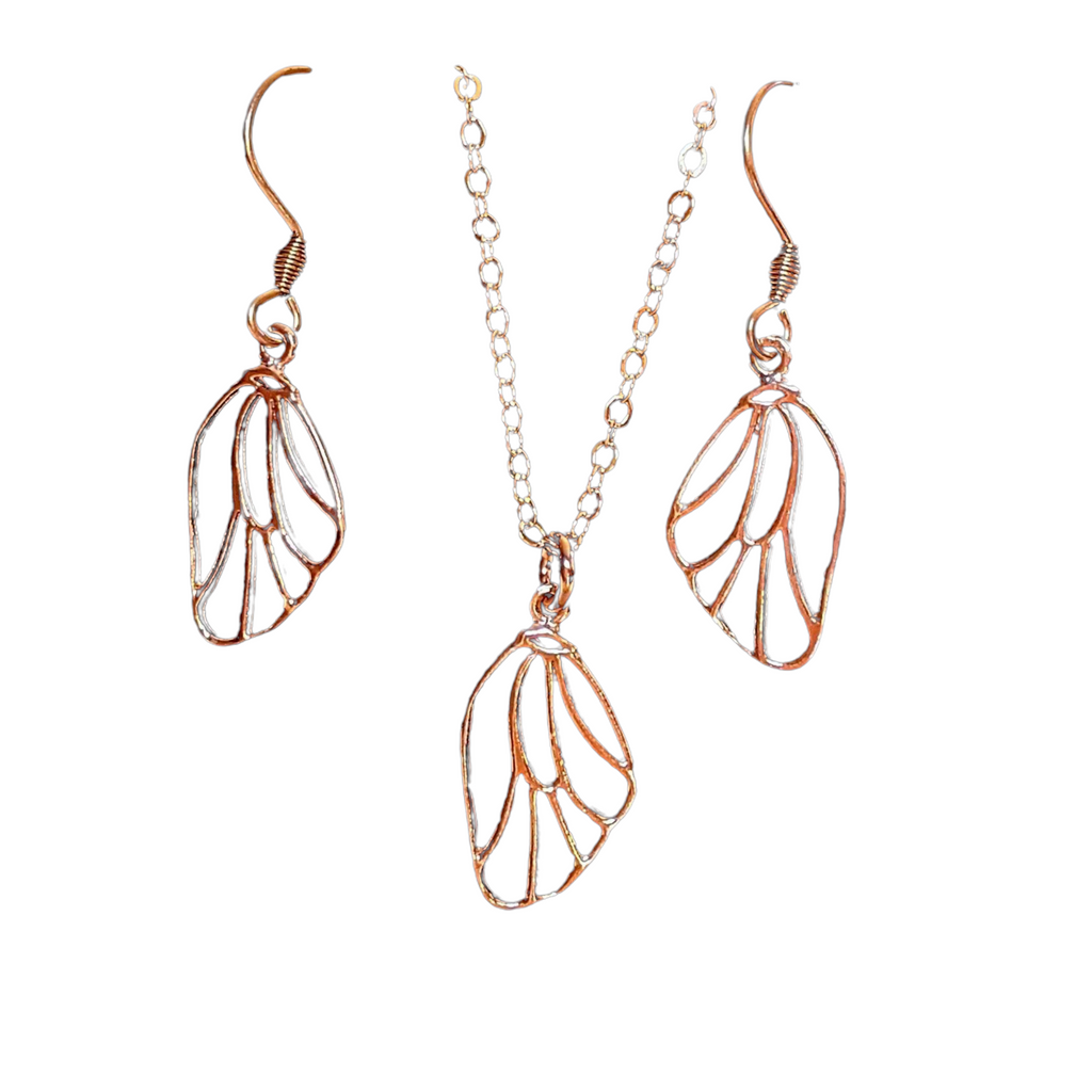 Butterfly/Fairy Wing Rose Gold necklace/earrings set, 18 inch 3-Pc Set