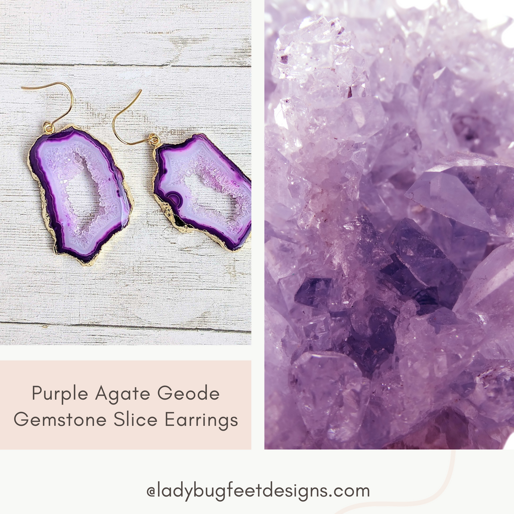 Purple Agate Geode Gemstone Slice Earrings-Gold