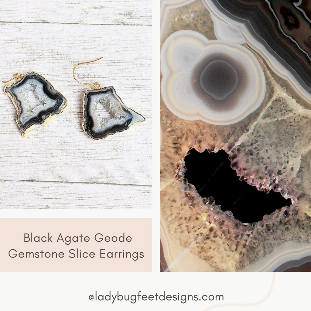 Black Agate Geode Slice Earrings-Gold