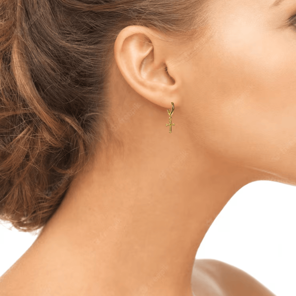 Gold Cross Huggie Hoop earrings, 15mm Hoop Drop