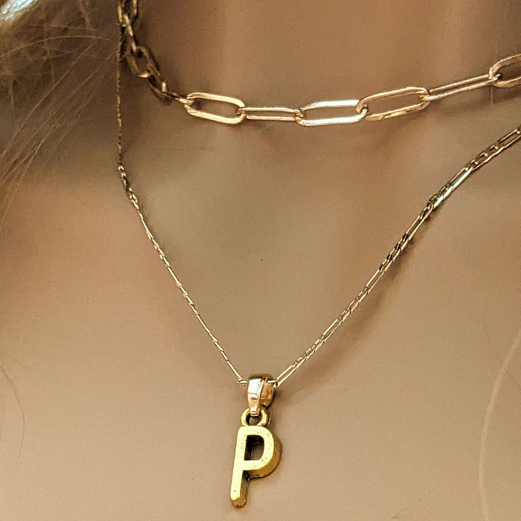 Gold Paperclip Initial Layered Necklace Set