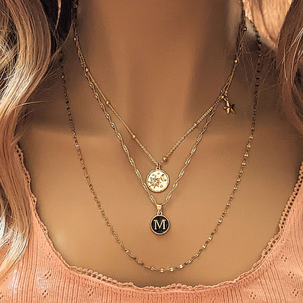 Gold Sun Moon Initial Layered Necklace Set
