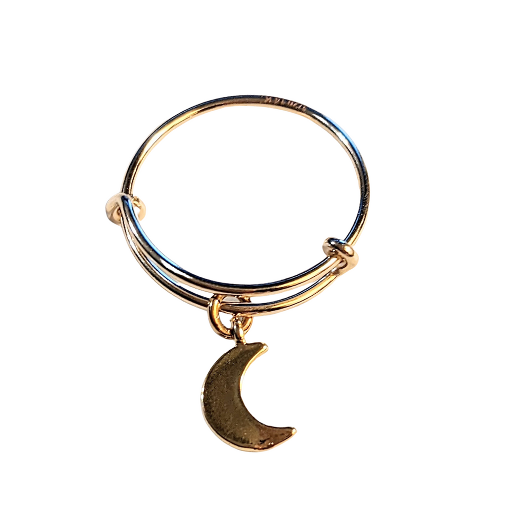Gold Crescent Moon Expandable Charm Ring, Adjustable Gold charm dangle ring