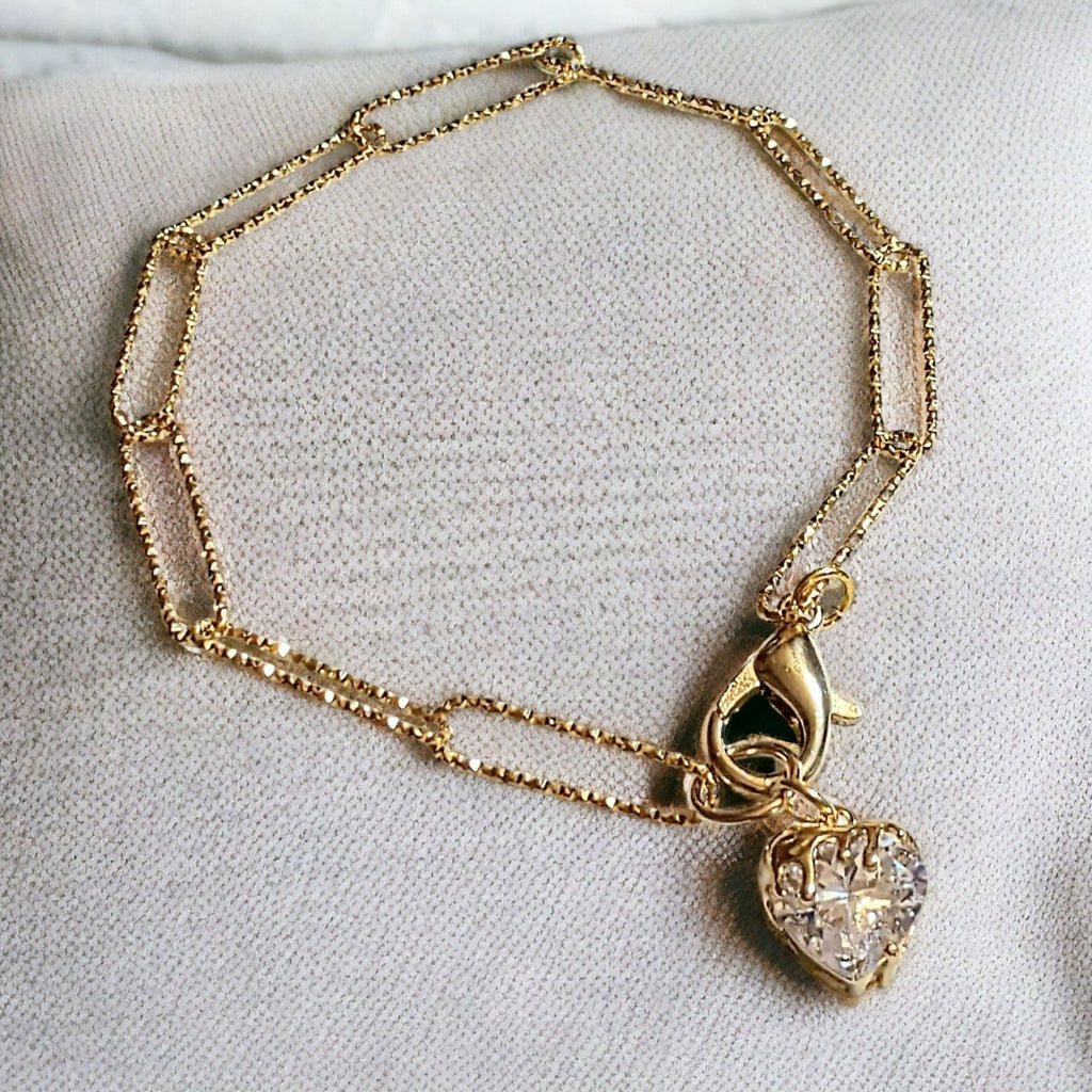Gold CZ Melting Heart Paperclip Chain Bracelet