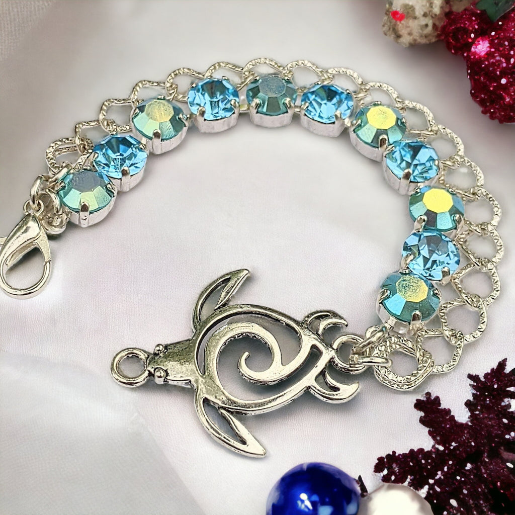 Sea Turtle Aqua Blue Crystal Bracelet