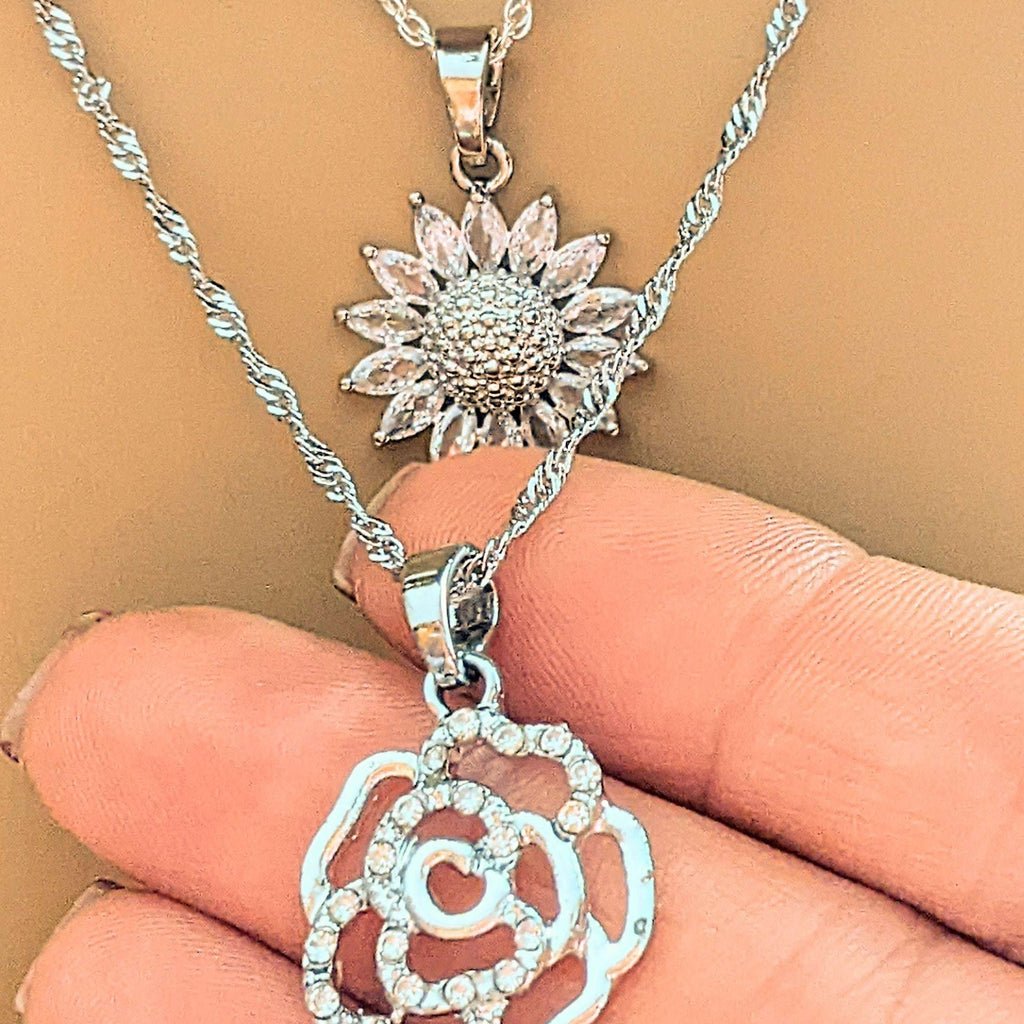 Silver Sunflower Layered Necklace Set
