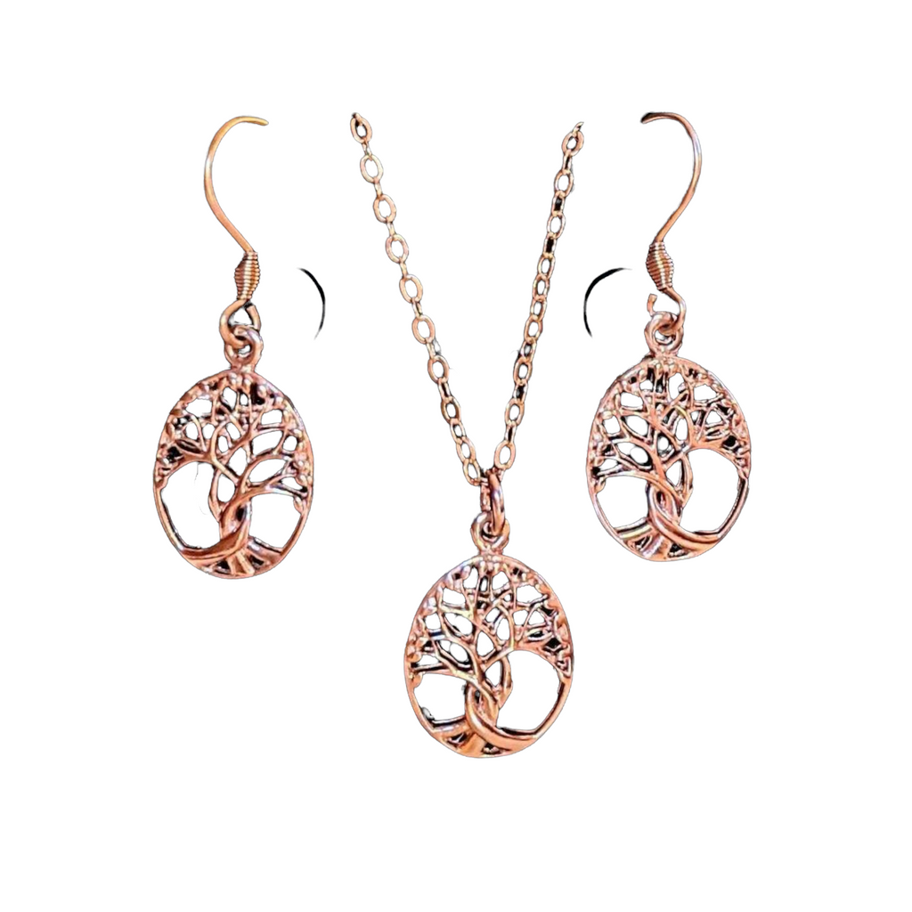 Tree of Life Rose Gold necklace earrings set,18 inch 3-Pc Set