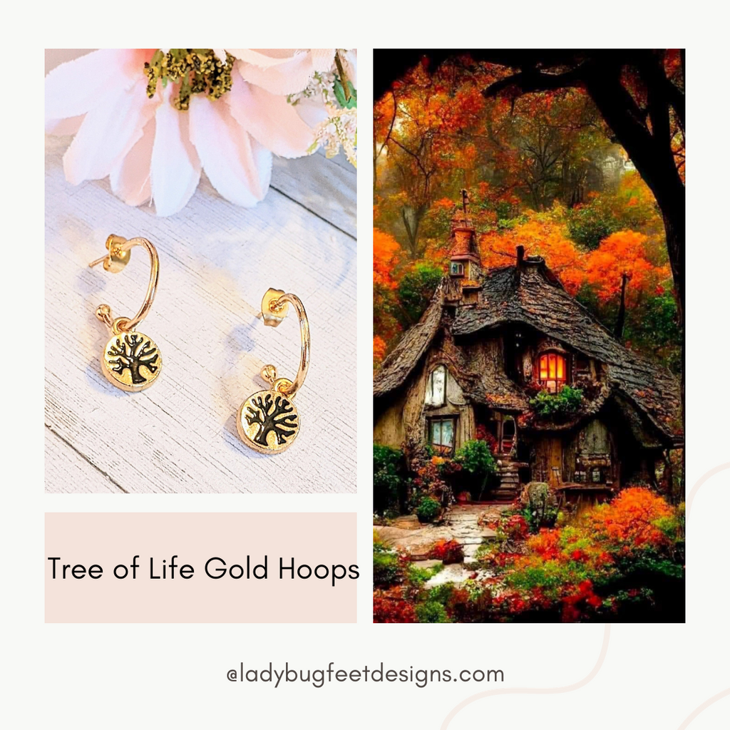 Tree of Life Gold Hoop earrings, Hoop Drop