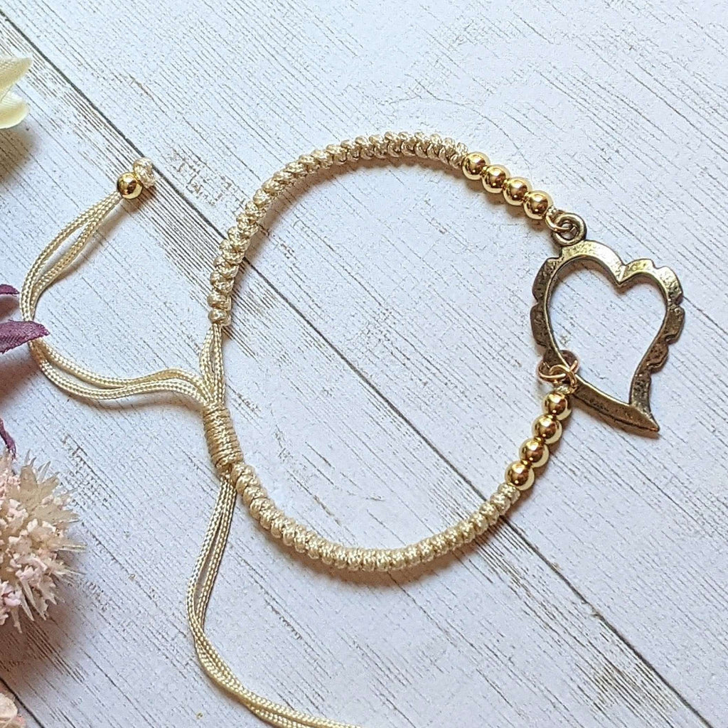 Art Deco Heart gold beaded Waxed Cord Bracelet