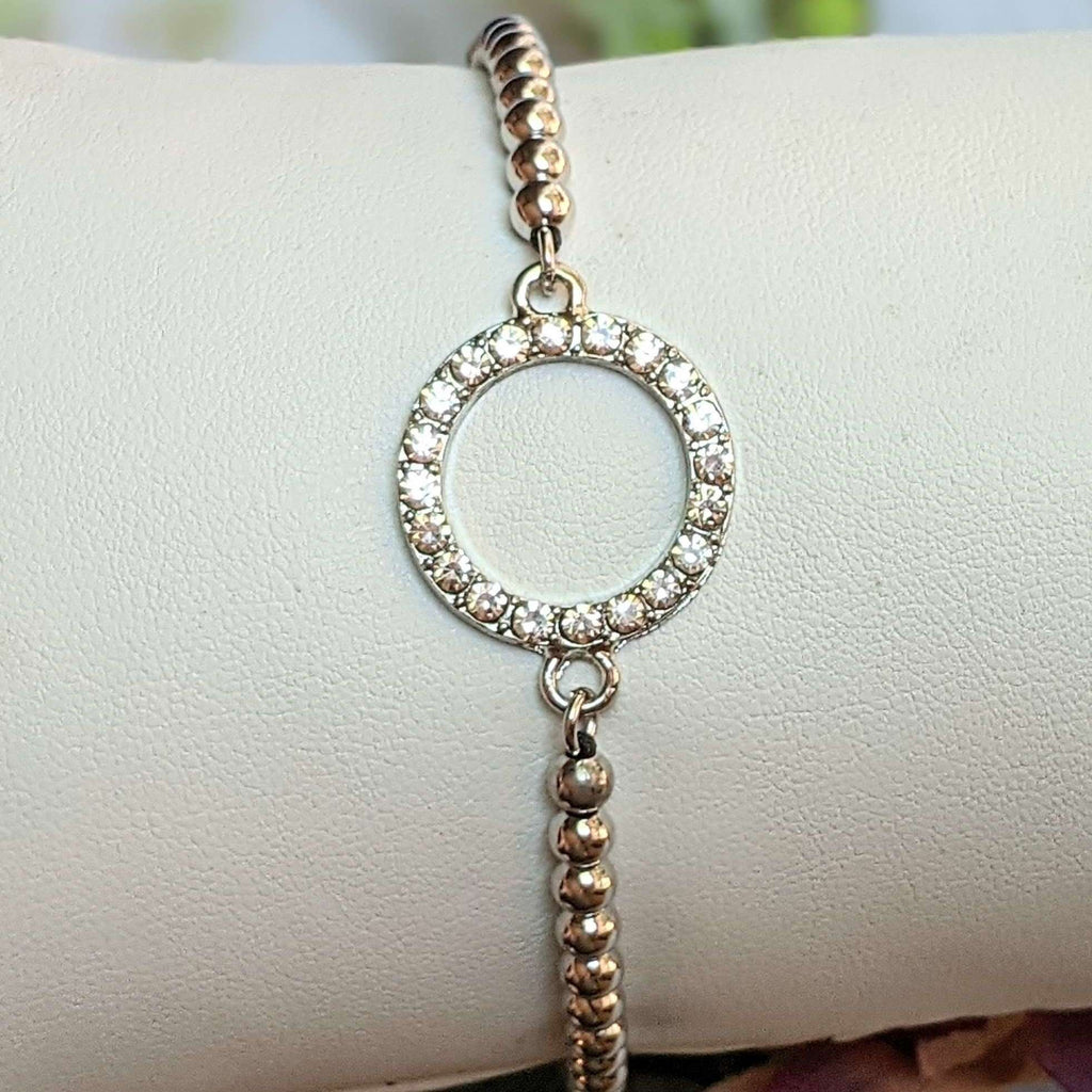 Rhinestone Infinity Circle Silver Beaded Waxed Cord Bracelet