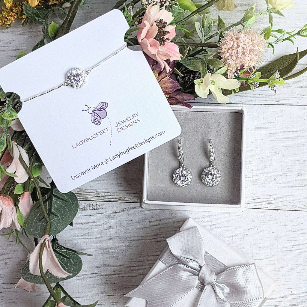 CZ Diamond Halo adjustable Bracelet/Earring Set-APRIL Birthstone-Wedding Jewelry