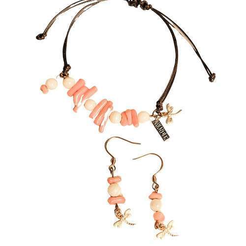 Wander Pink Chip Beaded Wax Cord Bracelet/Earring Set