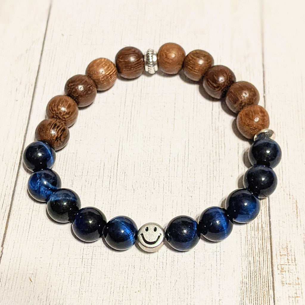 Blue Tiger's Eye Wood Bead Smiley Diffuser Bracelet-Communication Bracelet