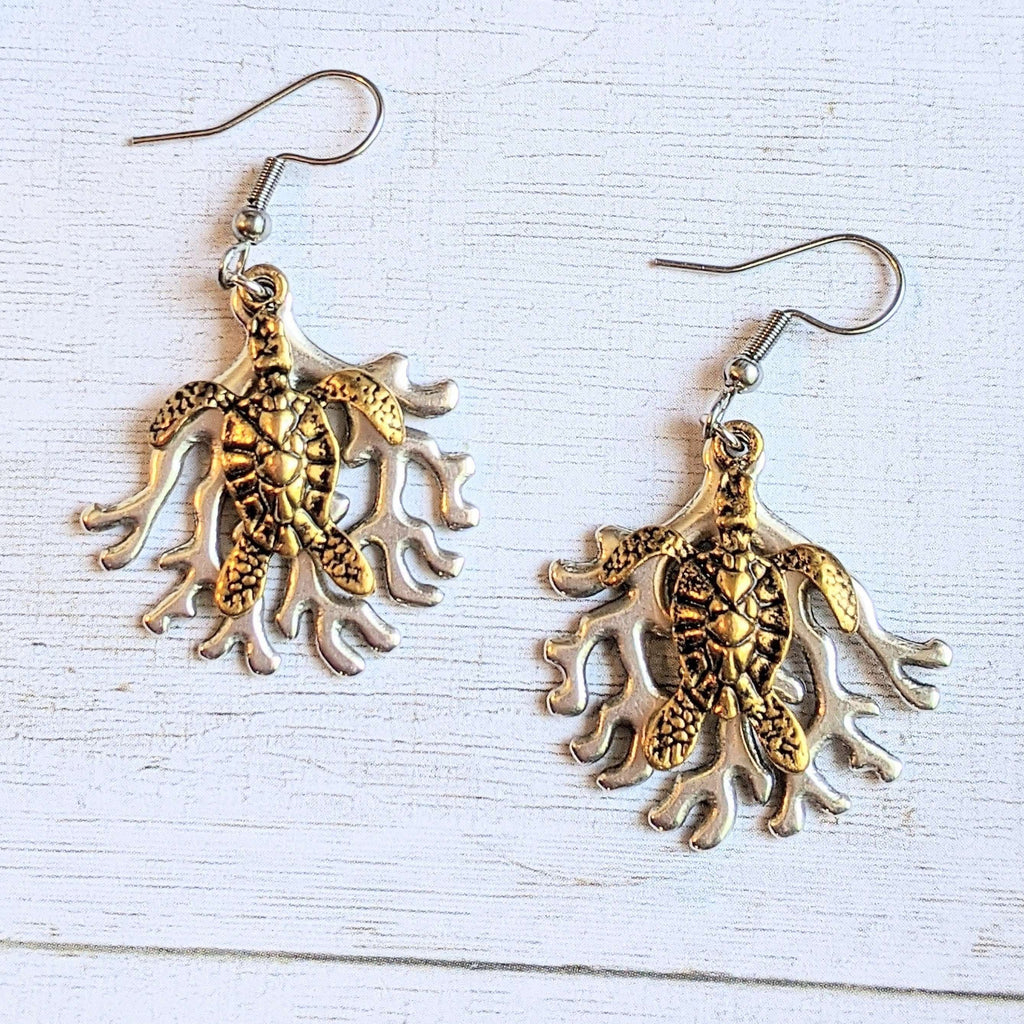Sea Turtle & Coral dangle earrings, Two-Tone