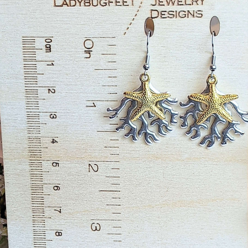 Starfish & Coral dangle earrings, Two-Tone