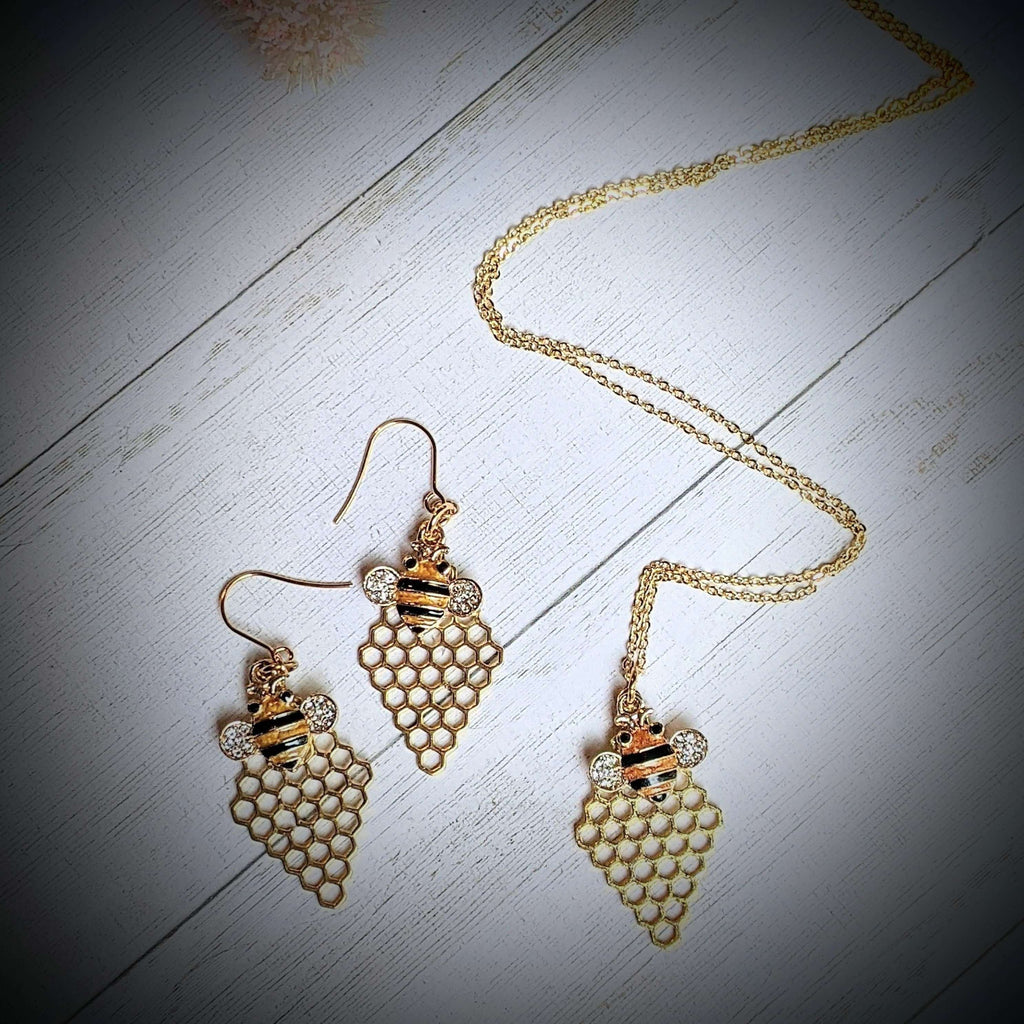 Honey Bee Honeycomb charm necklace and Earring set