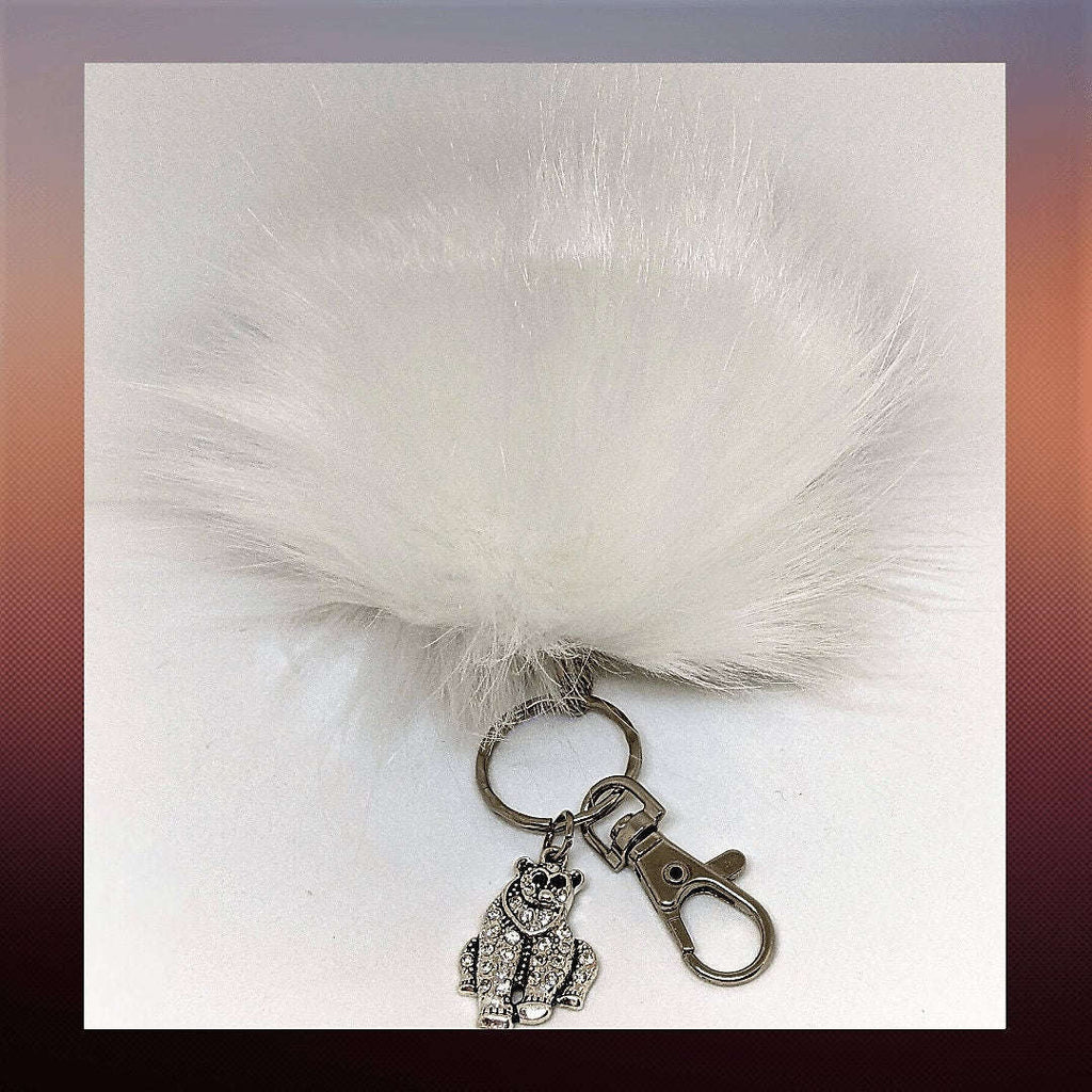 Polar Bear Keychain/Faux Fur Pom Pom Charm Key Chain-Purse Charm/Journal Charm
