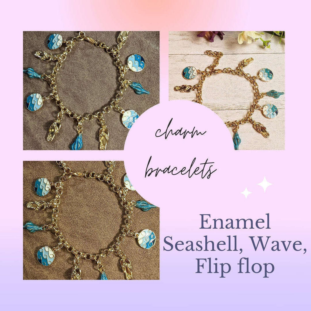 Enamel Seashell, Wave, Flip flop Charm Bracelet
