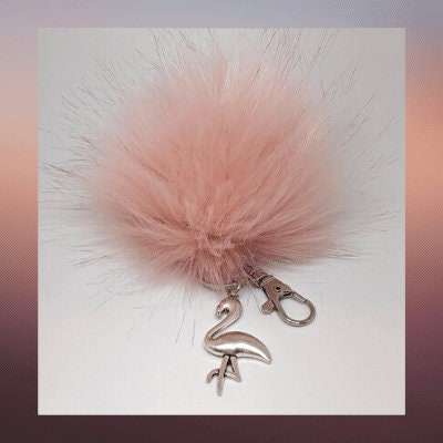 Flamingo Keychain/ Faux Fur Pom Pom and charm Key Chain-Purse Charm/Journal Charm