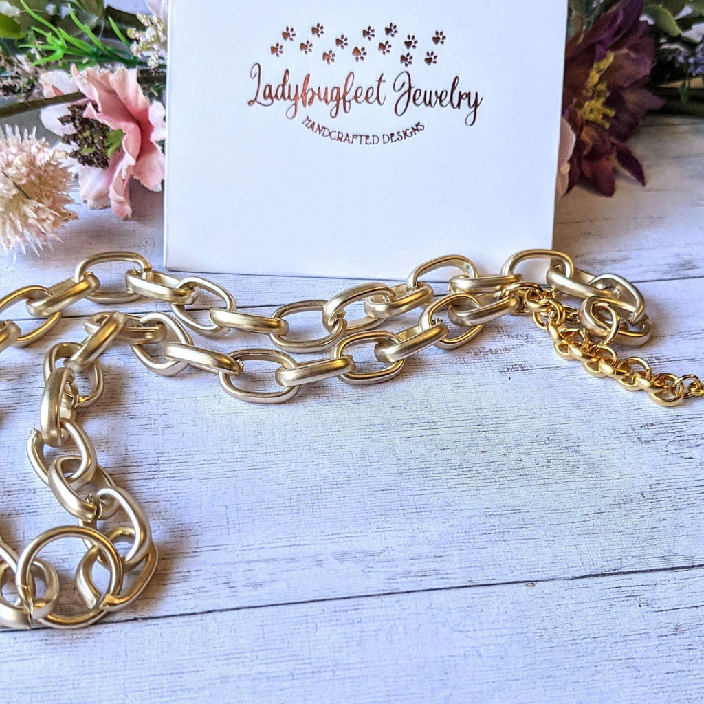 Shiny Gold Matte Oval Link Necklace, 18.5 inch