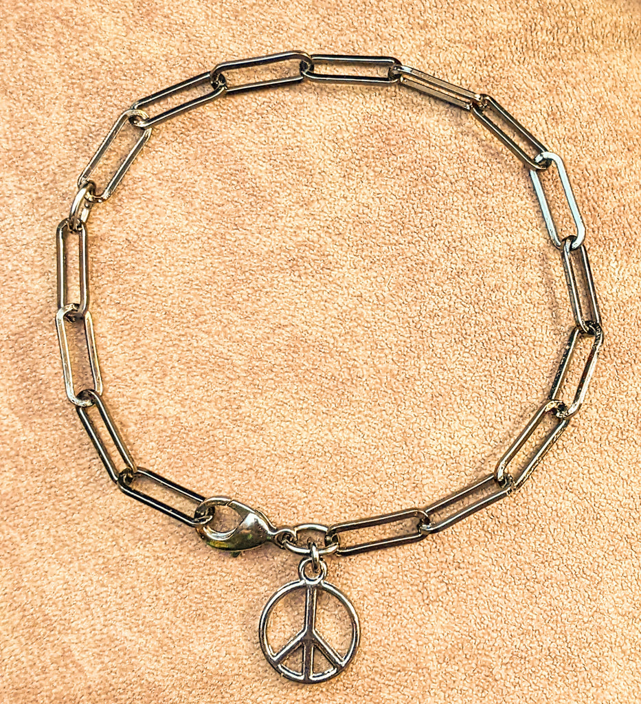 Peace Sign Gunmetal Paperclip Chain Bracelet