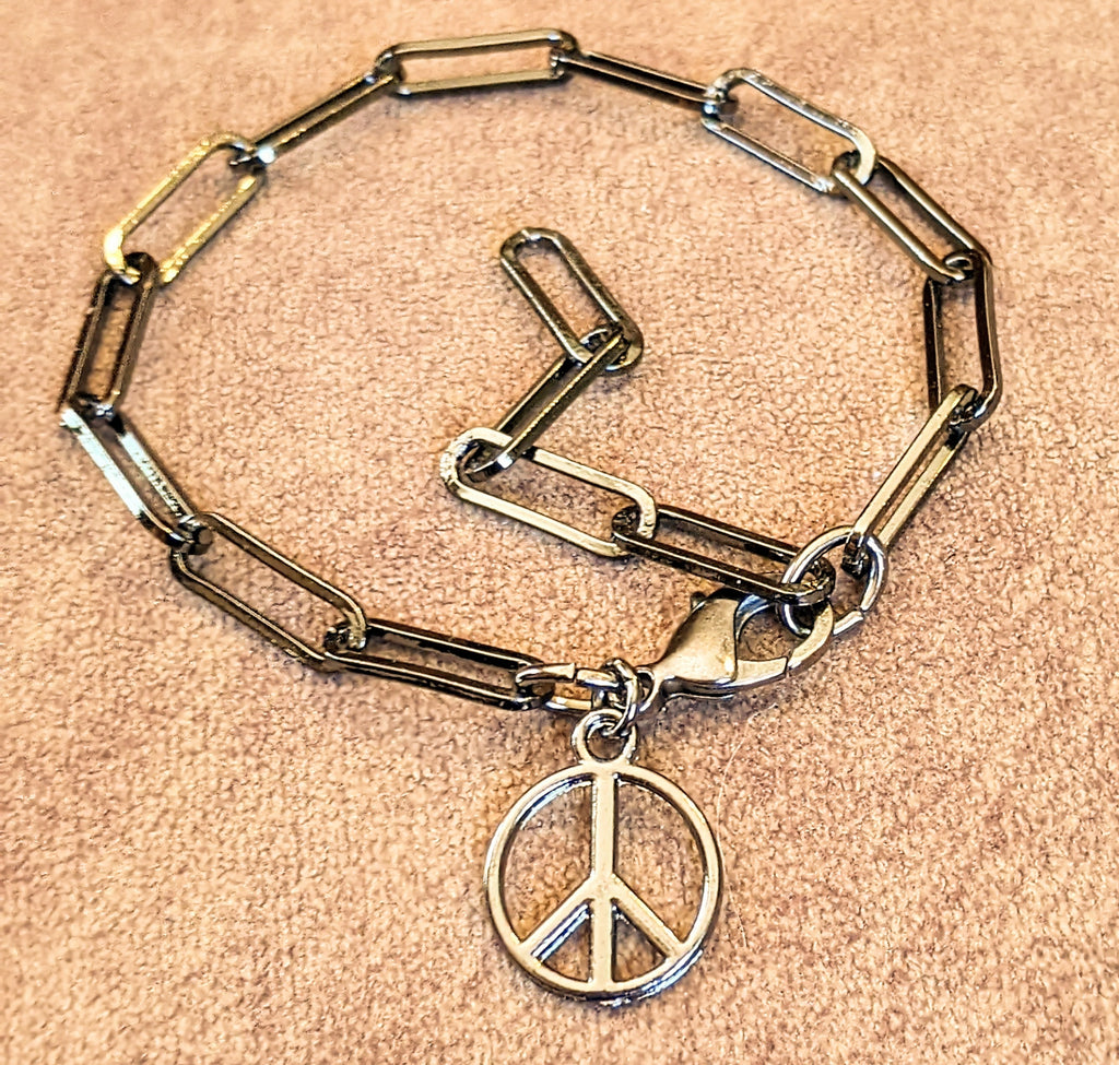 Peace Sign Gunmetal Paperclip Chain Bracelet