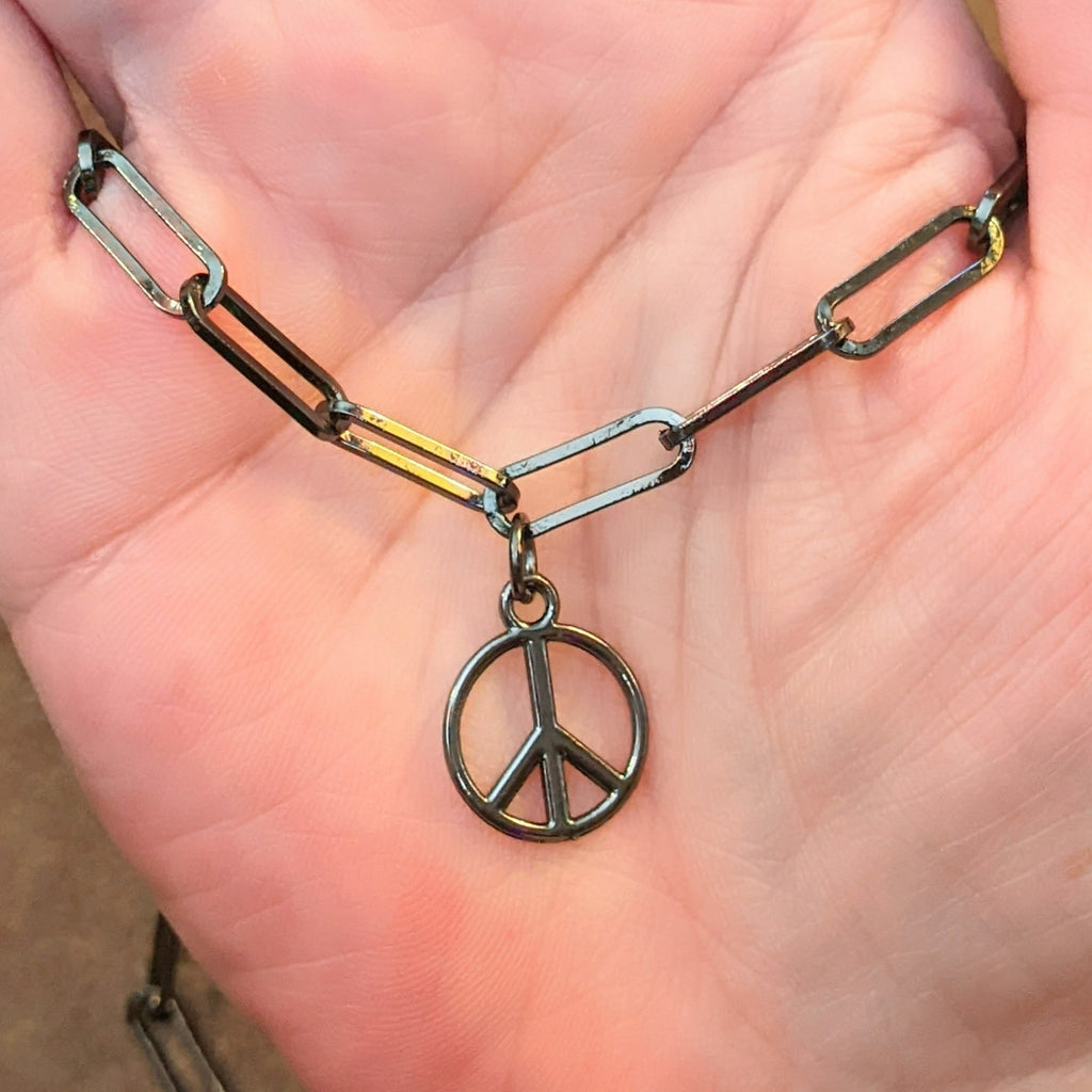 Black Gunmetal Peace Sign charm necklace, up to 24 inch - Unisex