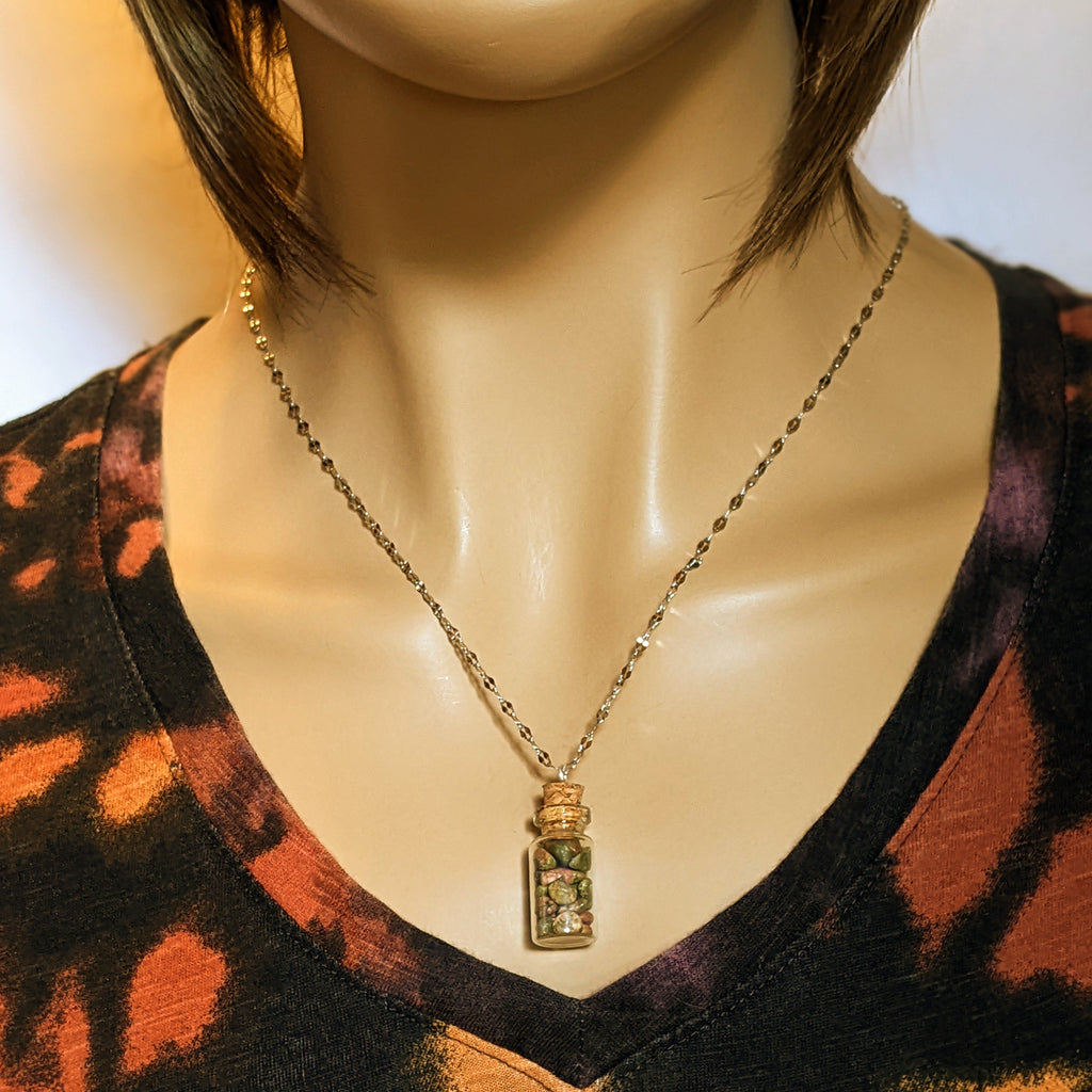Unakite Gemstone Bottle Necklace, 20 or 24 inch, Silver/Gold