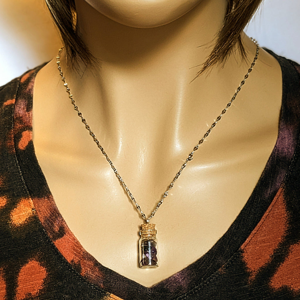 Amethyst Gemstone Aquarius Bottle Necklace, 20 or 24 inch, Silver/Gold