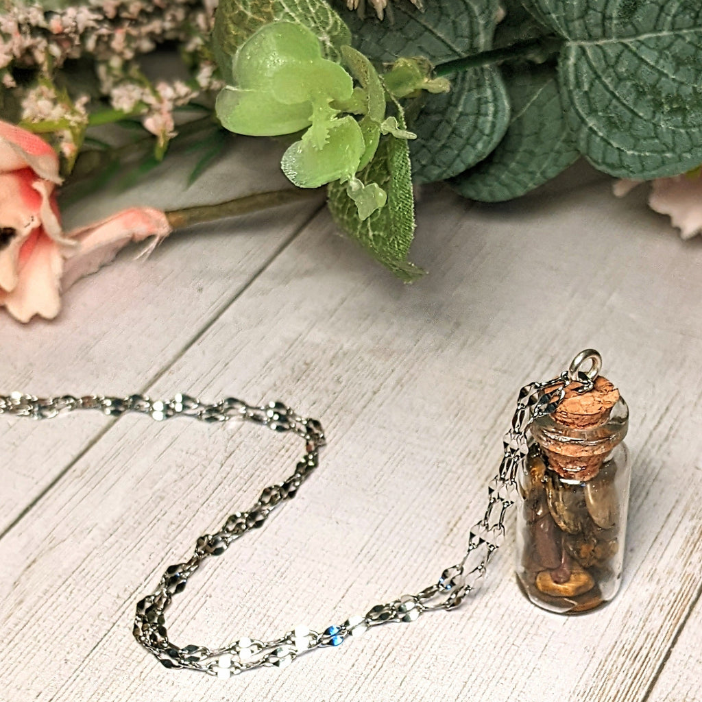 Tiger Eye Gemstone Bottle Necklace, 20 or 24 inch, Silver/Gold